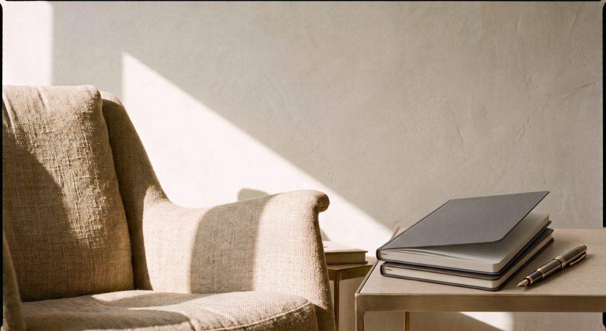 A coaching room in morning light — an armchair, a notebook and pen on the side table